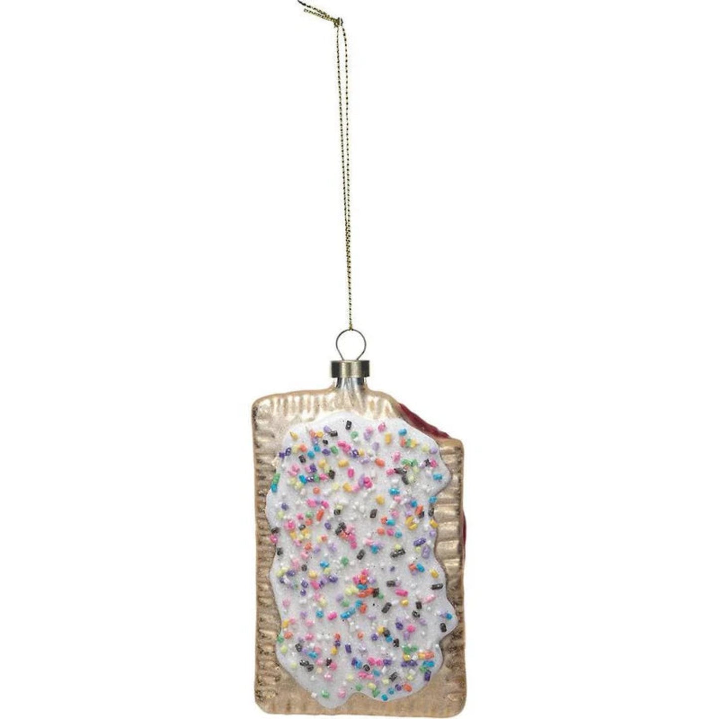 Decorative glass ornament shaped like a poptart with sprinkles on a white background