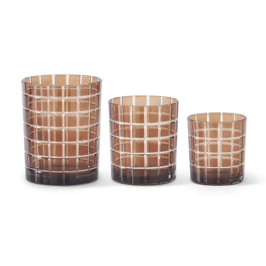 Brown Glass Pane Etched Votives (Set of 3)