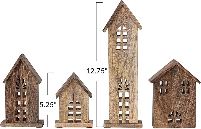 Carved Mango Wood Houses Set/4