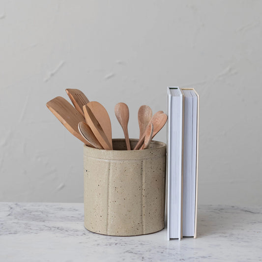 Stoneware Crock w Lines- 6" Round x 5-3/4"H