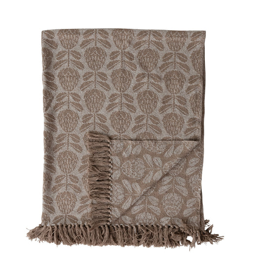 Woven Cotton Floral Pattern Throw w/Fringe