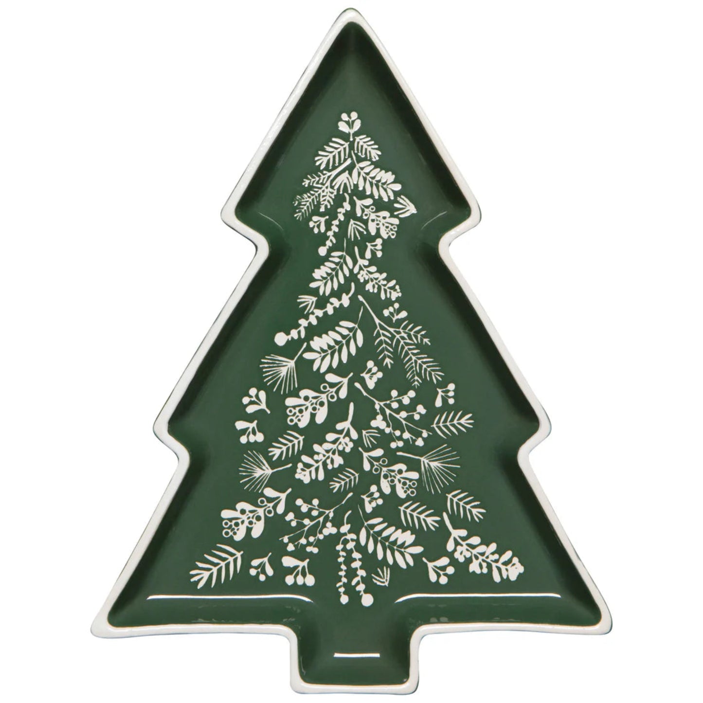 Green tree-shaped tray with white floral patterns on a white background