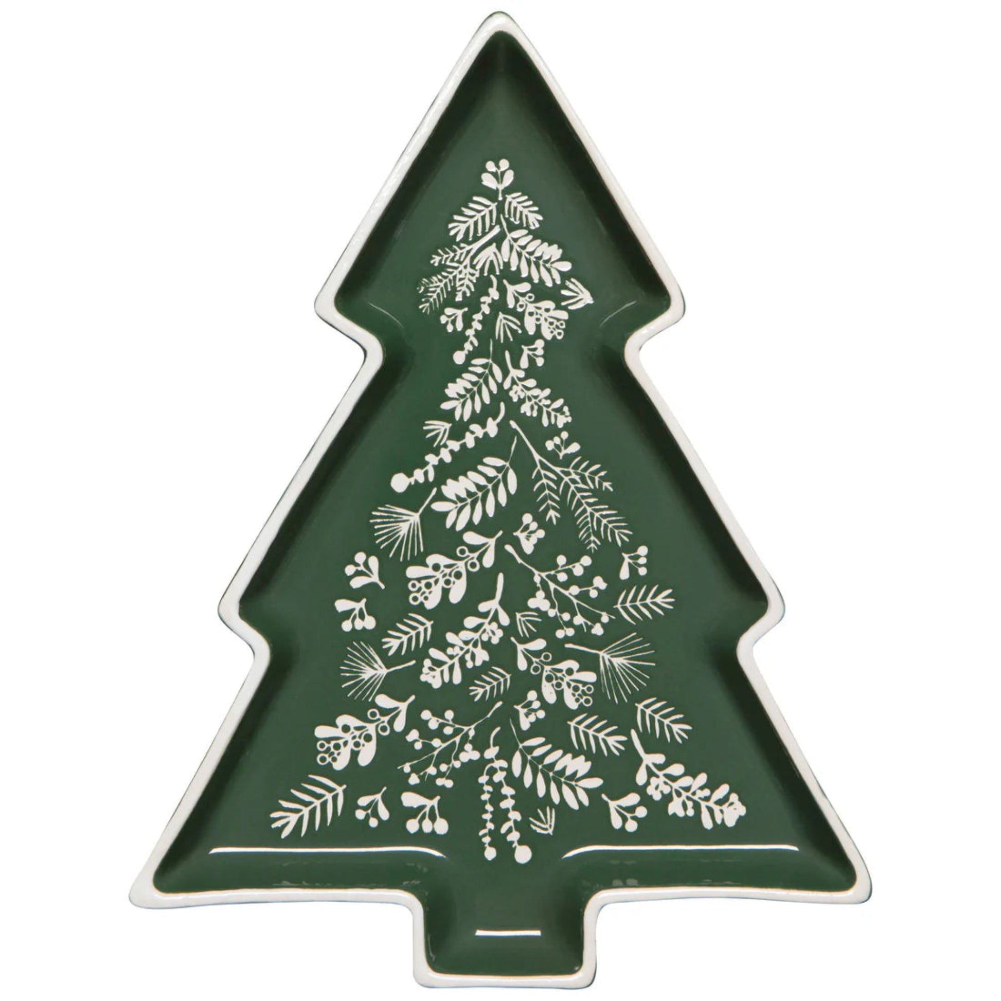 Green tree-shaped tray with white floral patterns on a white background