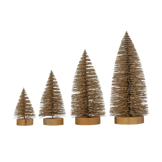 Gold Bottle Brush Trees w/ Glitter & Wood Bases