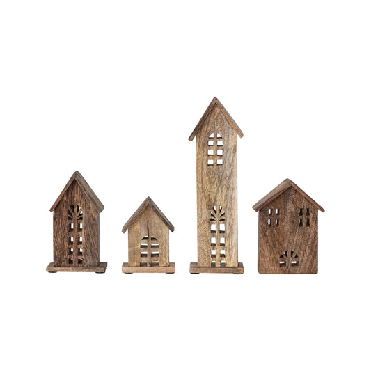 Carved Mango Wood Houses Set/4